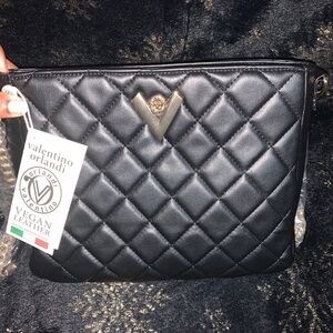 Valentino Orlandi Black Crossbody Bag with Quilted Pattern and Gold Hardware